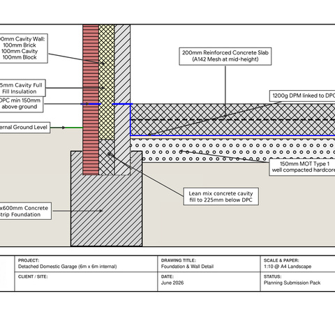 Construction materials + heights detail for garage in Escomb DL14